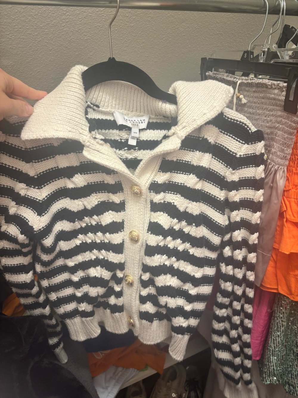 Derek Lam Crosby Textured Striped Knit Cardigan Sweater - Black & Cream